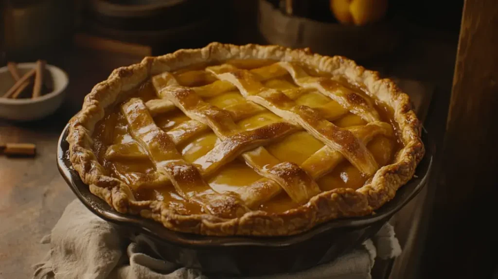 Side-angle close-up of a whole peach pie in a ceramic dish, showing the golden lattice crust with bubbling peach filling and melted butter on top, set on a rustic wooden table with a folded linen napkin and cinnamon sticks nearby.