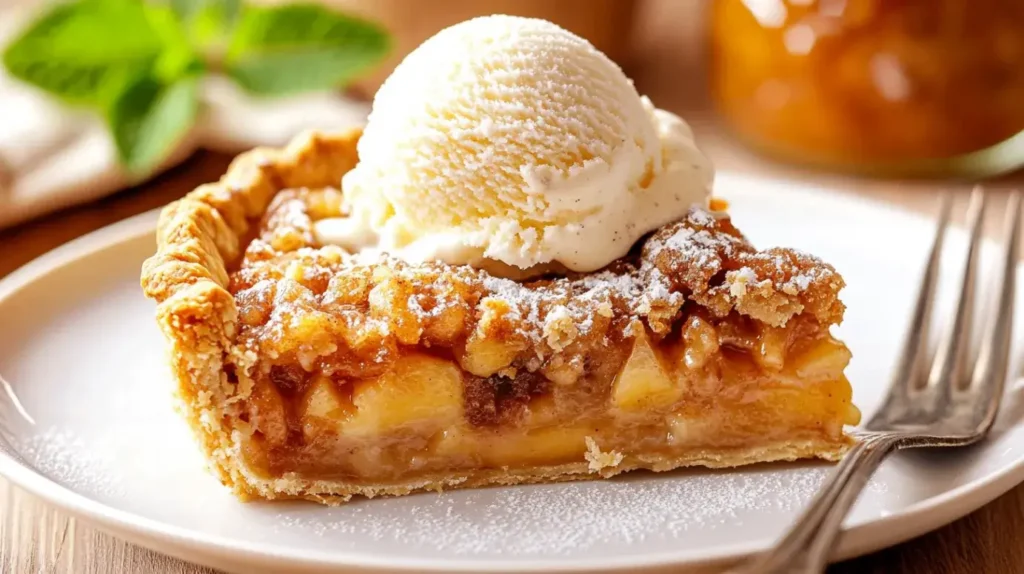 A slice of peach pie on a white plate with a scoop of vanilla ice cream melting on top, showing thick peach filling and golden crust, set on a light wooden table with a silver fork and blurred peach preserves jar in the background.